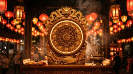 Femme méditant près d'une rivière sous une lumière dorée avec des symboles du zodiaque chinois