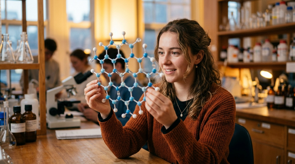 Femme observant un modèle de structure hexagonale de la glace
