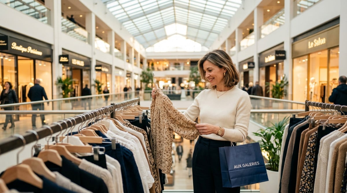 Femme parcourant des rayons de vêtements dans un centre commercial