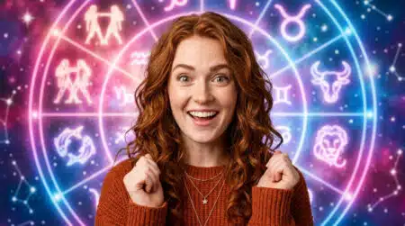 Femme sereine baignée de lumière dorée entourée de constellations du zodiaque pour l'horoscope du 20 juin 2026
