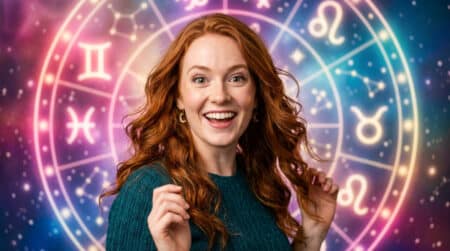 Femme sereine baignée de lumière mystique dorée entourée de constellations du zodiaque pour l'horoscope du 7 juin 2026