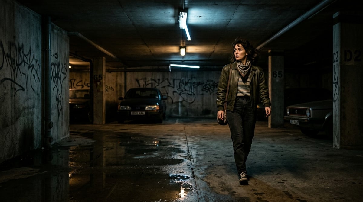 Femme seule dans un parking souterrain sombre des années 80