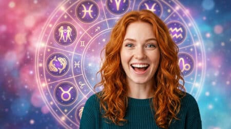 Femme souriante baignée de lumière céleste dorée entourée de constellations du zodiaque pour l'horoscope du 27 juin 2026