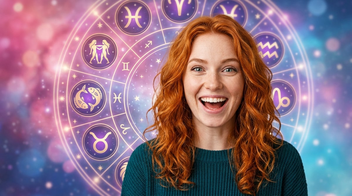 Femme souriante baignée de lumière céleste dorée entourée de constellations du zodiaque pour l'horoscope du 27 juin 2026