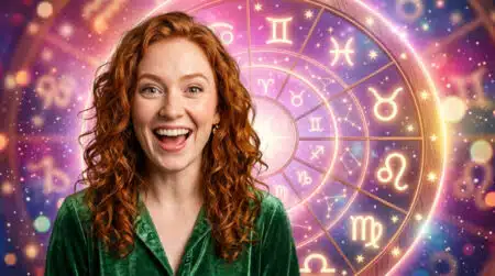 Femme souriante baignée de lumière céleste dorée et violette pour l'horoscope du 17 juin 2026