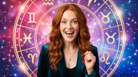 Femme souriante baignée de lumière cosmique dorée et violette sous un ciel étoilé pour l'horoscope du 24 juin 2026