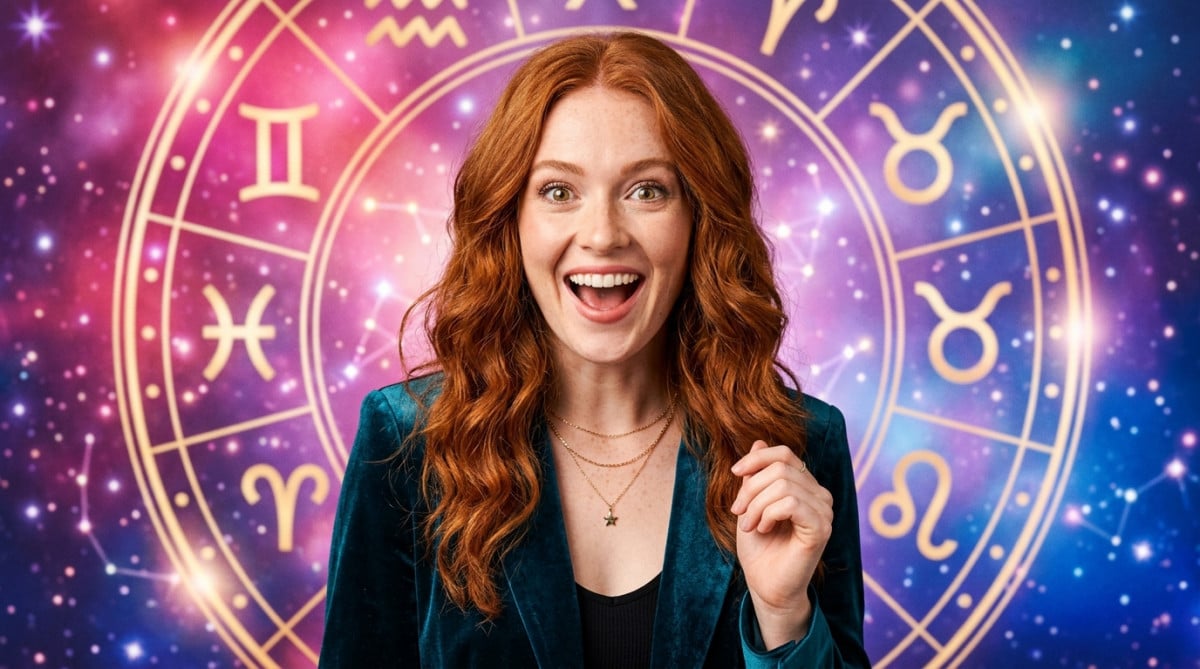 Femme souriante baignée de lumière cosmique dorée et violette sous un ciel étoilé pour l'horoscope du 24 juin 2026