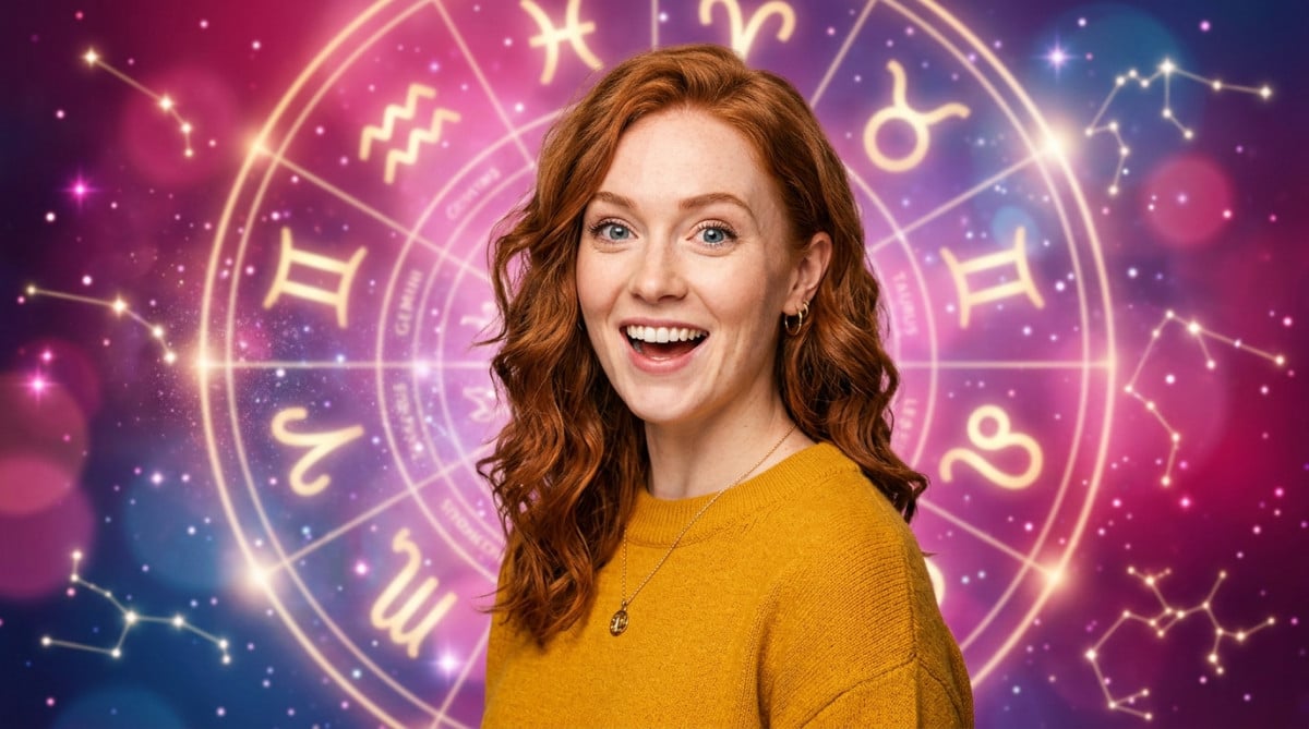 Femme souriante baignée de lumière dorée sous un ciel étoilé mystique pour l'horoscope du 10 juin 2026