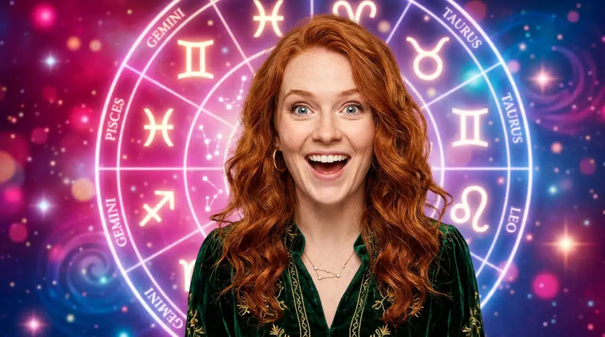 Femme souriante baignée de lumière dorée sous un ciel mystique et étoilé pour l'horoscope du 9 juin 2026