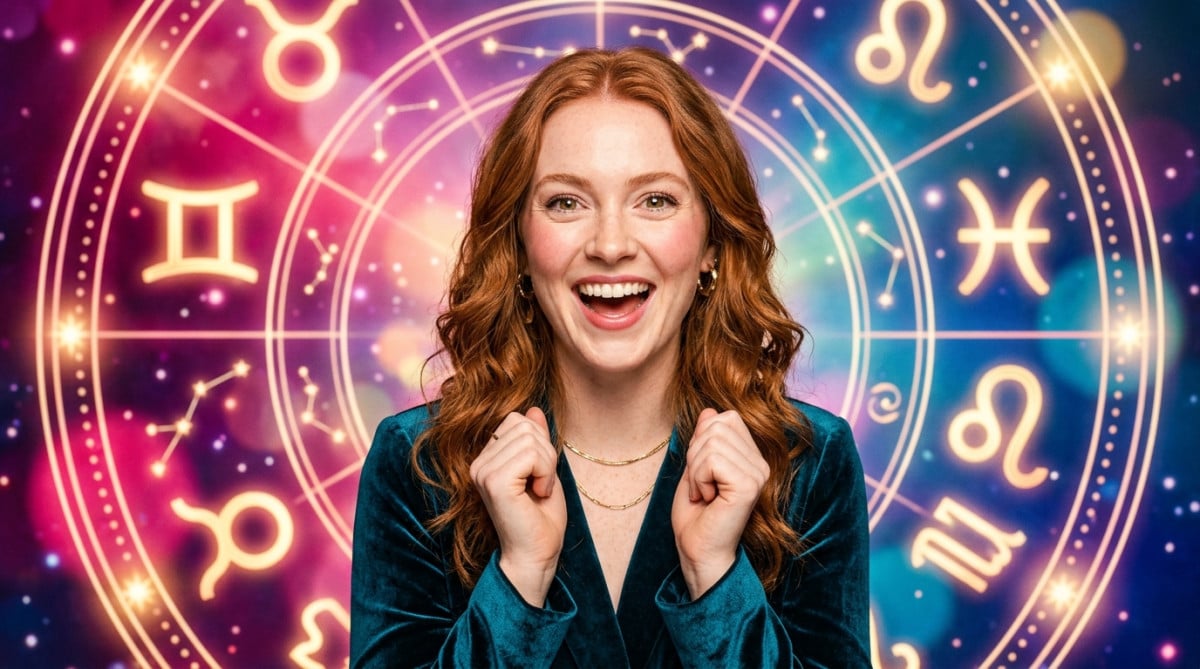 Femme souriante baignée de lumière lunaire dans une ambiance astrale dorée et mystique