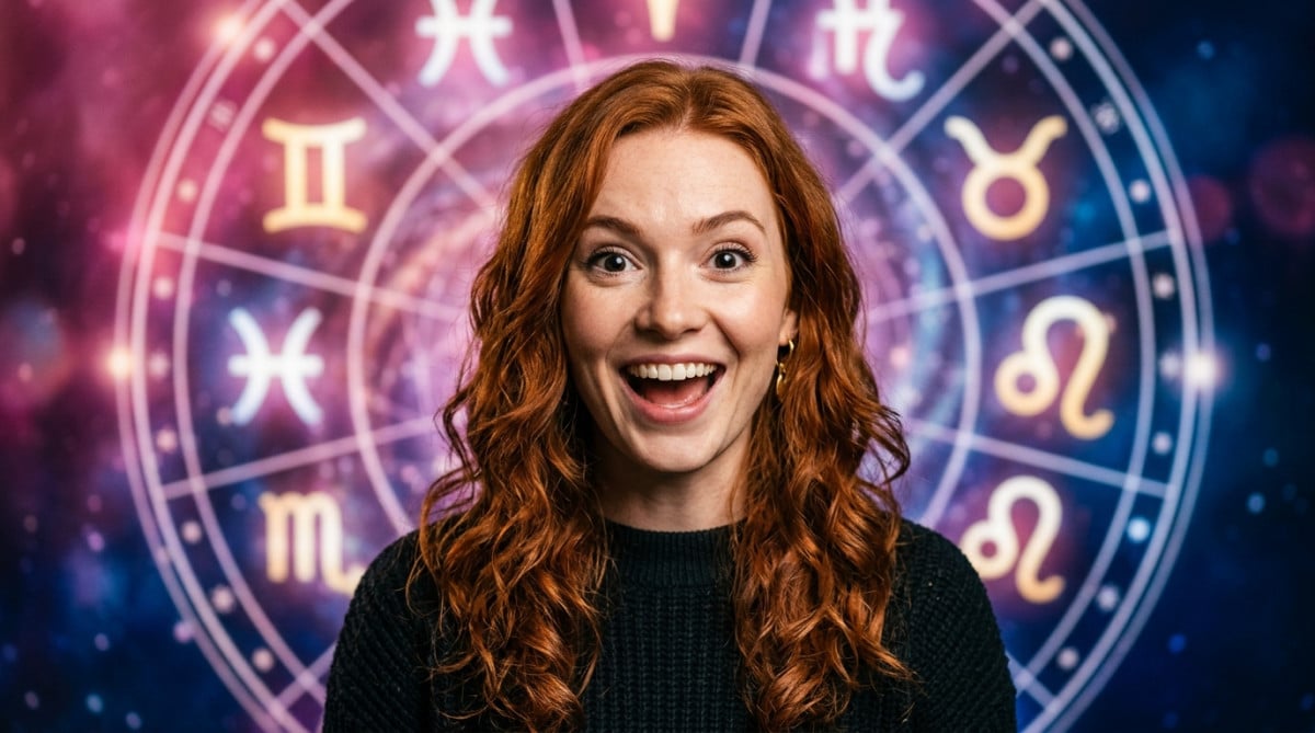Femme souriante les yeux fermés sous un ciel doré avec des constellations du zodiaque, ambiance mystique et lumineuse pour l'horoscope du 22 juin 2026