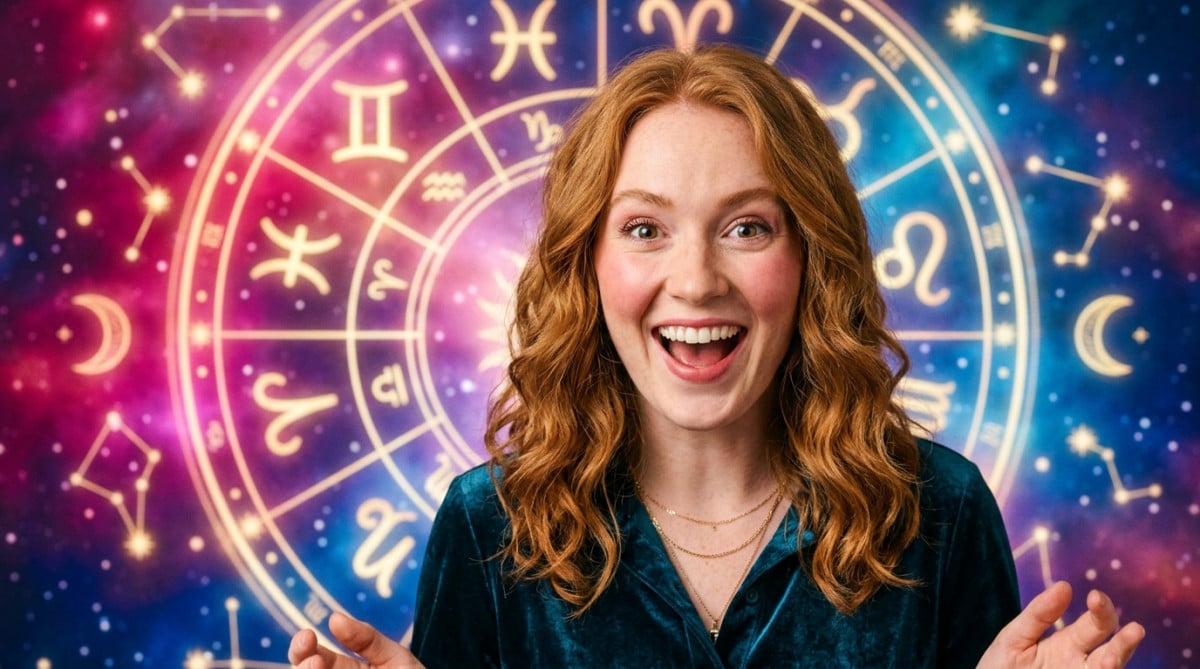 Femme souriante sous un ciel étoilé mystique pour l'horoscope du 19 juin 2026