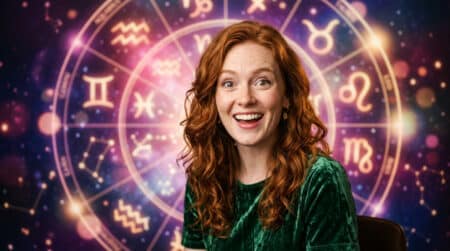 Femme souriante sous un ciel étoilé mystique pour l'horoscope du 2 juin 2026