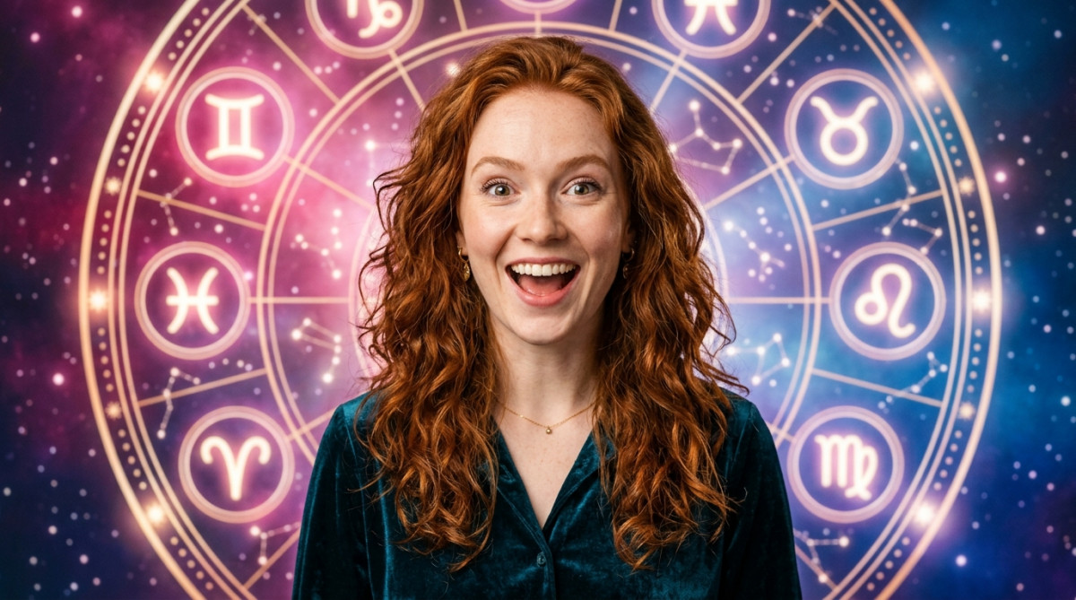 Femme souriante sous un ciel étoilé mystique pour l'horoscope du 5 juin 2026