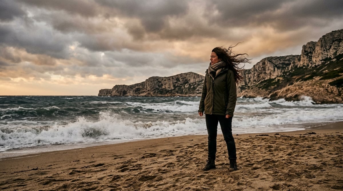 Femme sur une plage venteuse près de Marseille