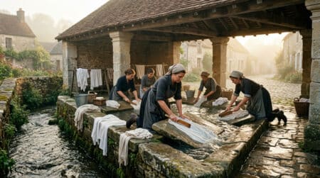 Femmes lavant le linge dans un lavoir de village années 1920