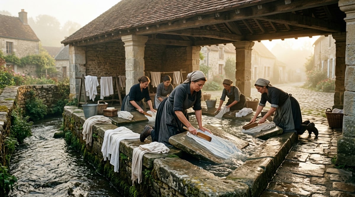 Femmes lavant le linge dans un lavoir de village années 1920