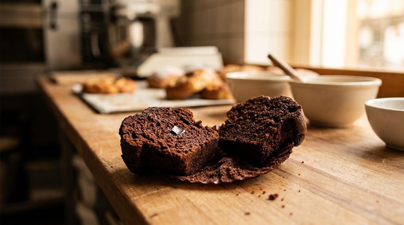 Muffin au chocolat coupé en deux sur un comptoir de boulangerie