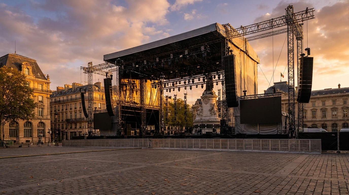 Scène de concert vide place de la République à Paris au coucher du soleil