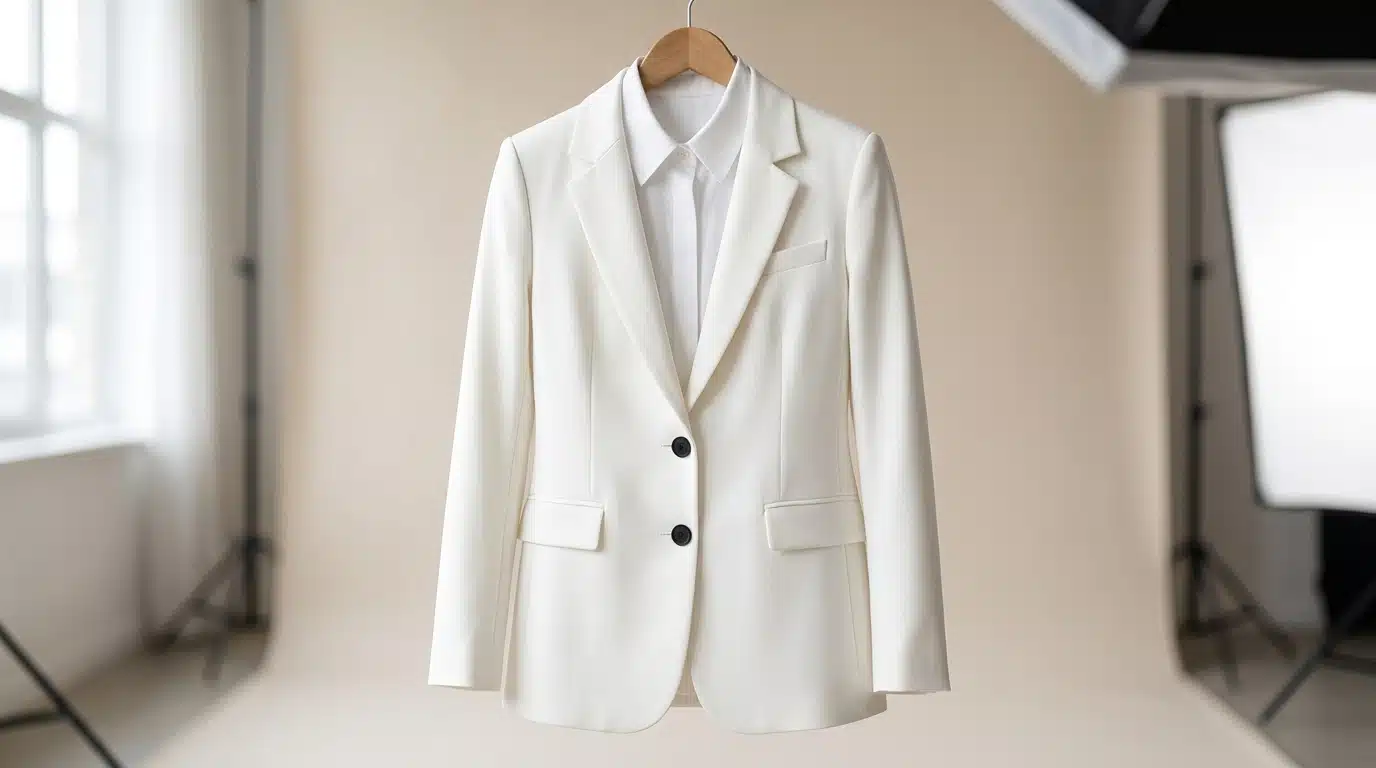 Veste blanche à boutons noirs et chemise blanche posées ensemble sur un cintre, style éditorial mode