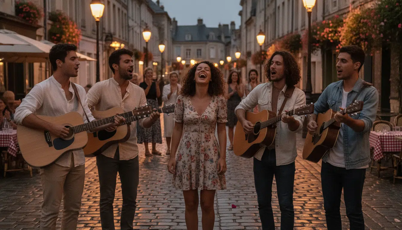 Musiciens amateurs jouant de la guitare dans la rue le soir