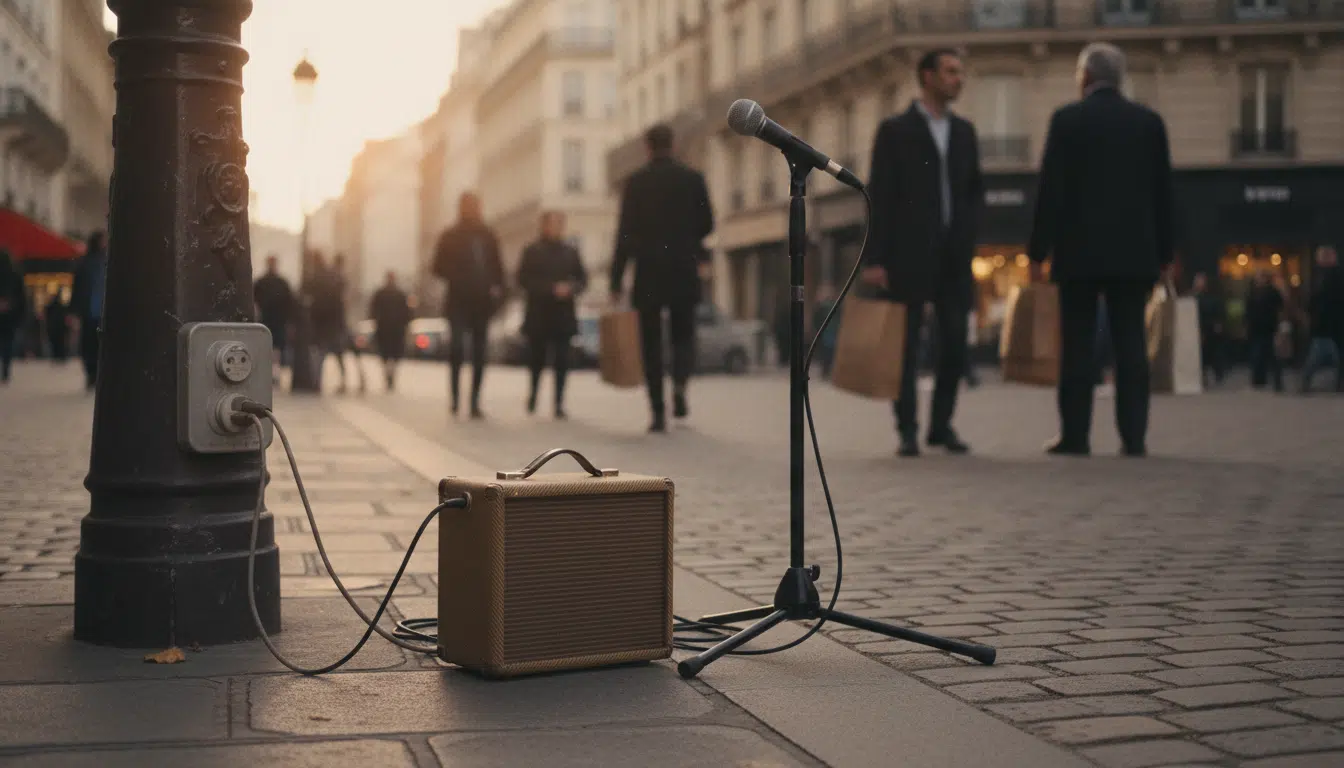 Amplificateur de guitare posé sur un trottoir parisien
