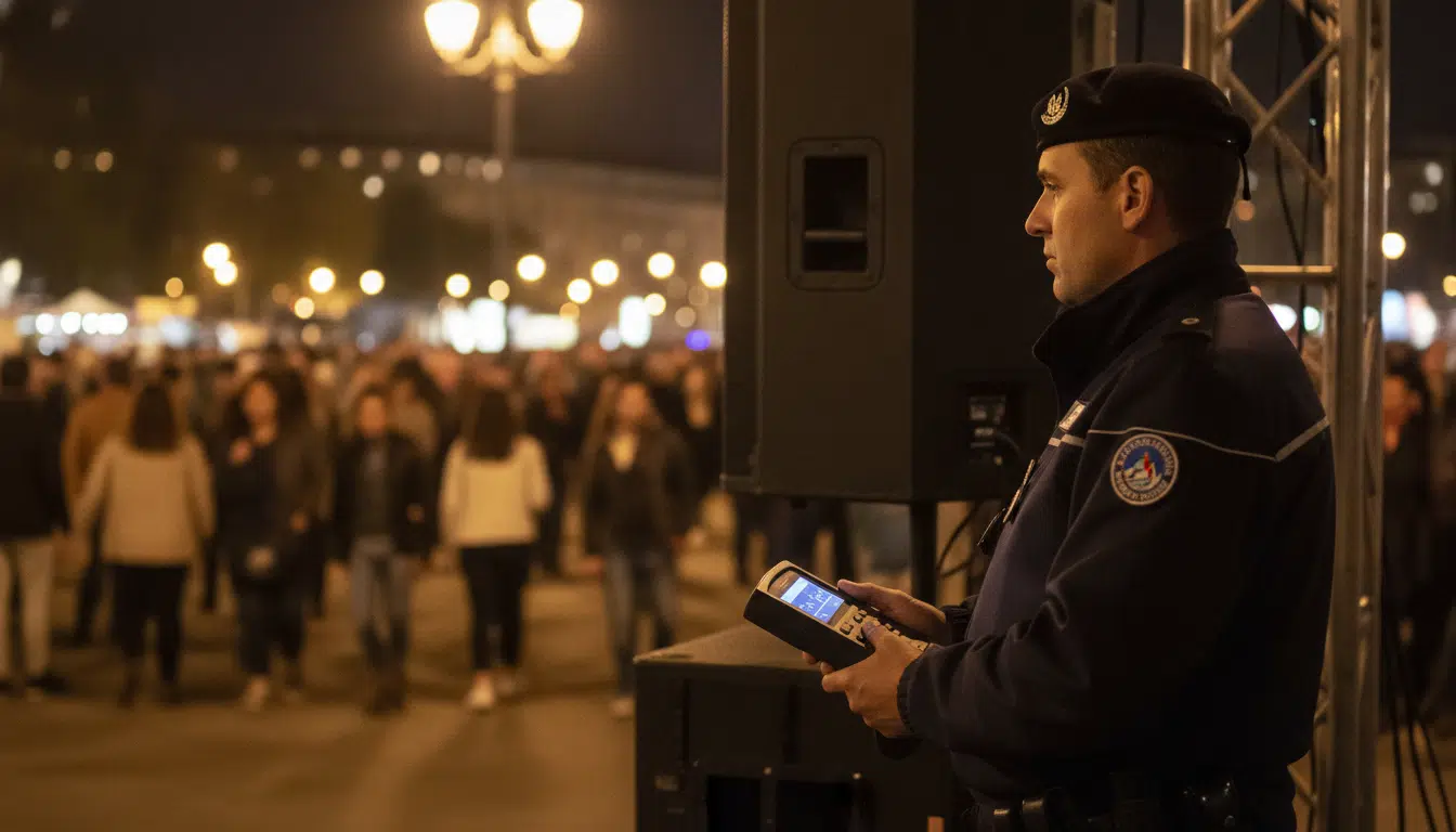 Agent mesurant le niveau sonore avec un sonomètre la nuit