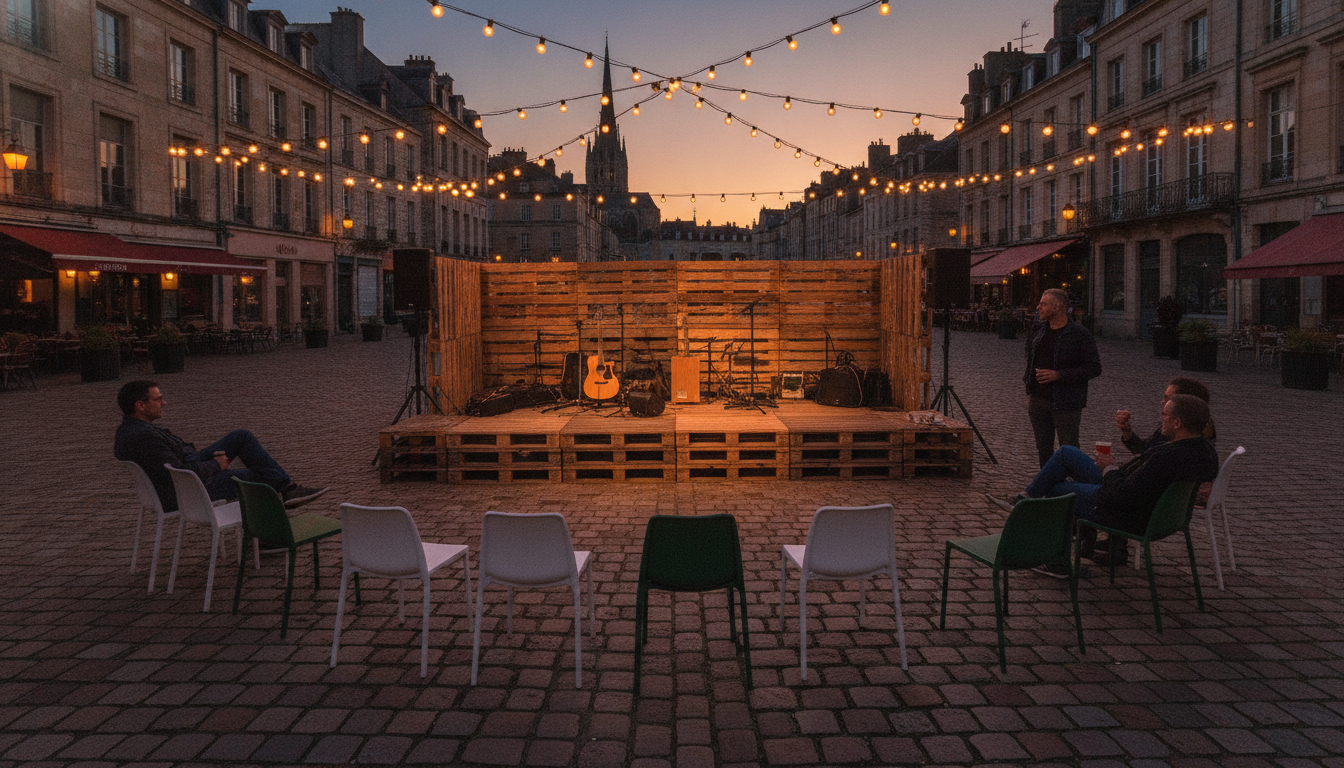Scène improvisée en palettes sur une place pour la Fête de la musique