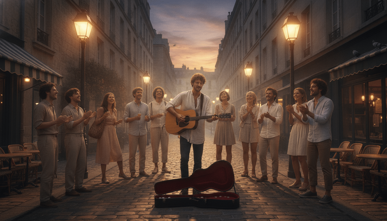 Musicien de rue jouant de la guitare le soir