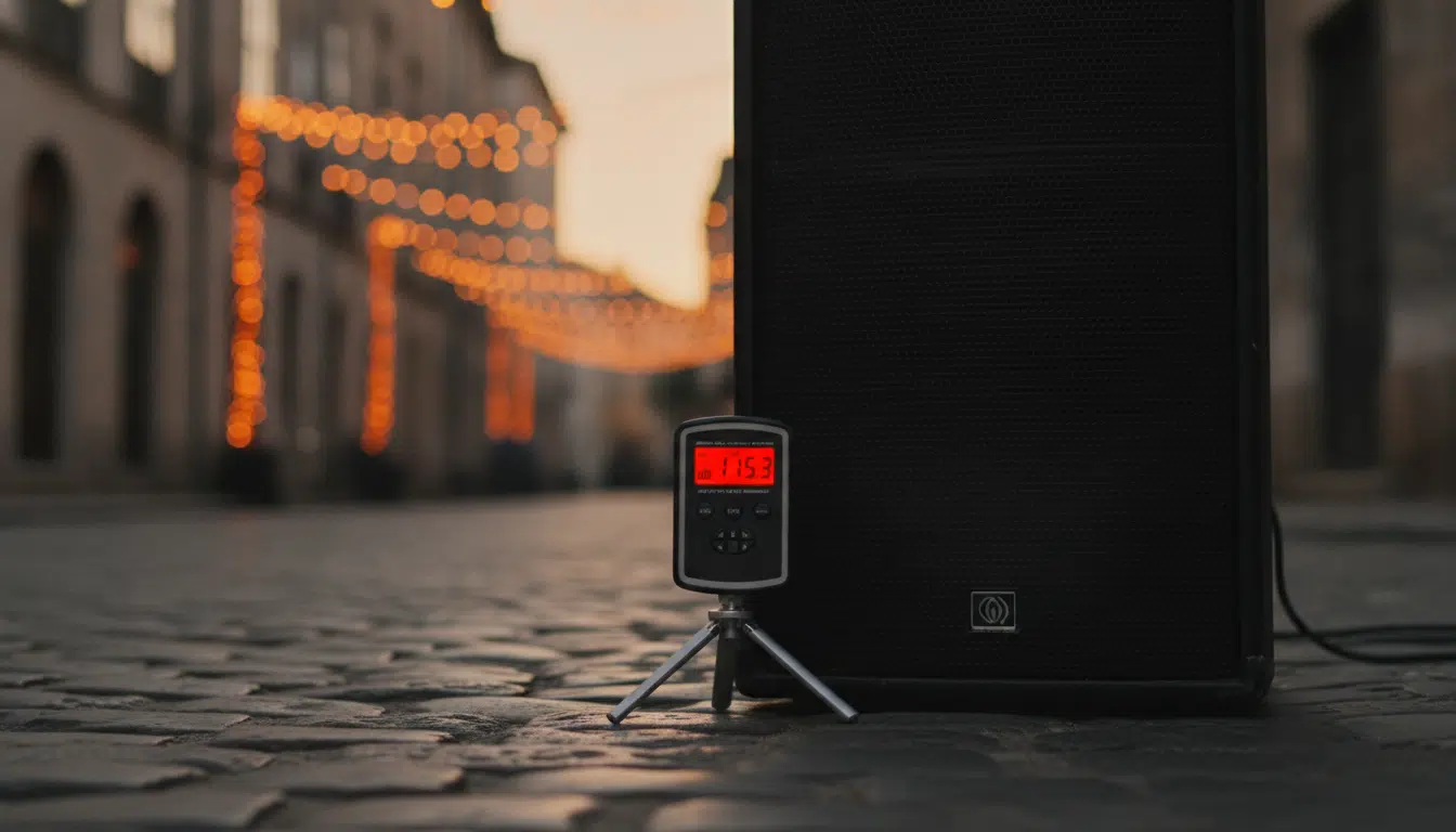 Ampli et sonomètre dans une rue festive
