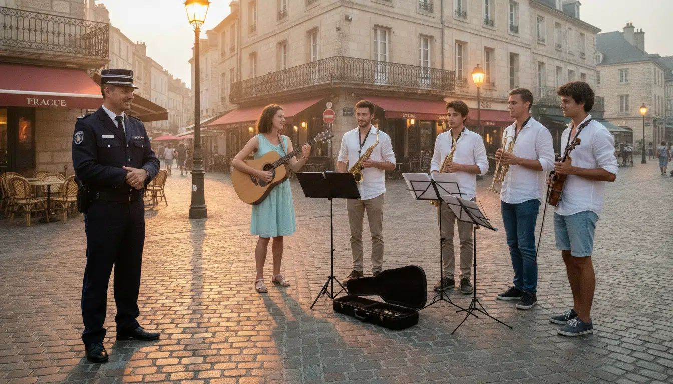 Policier municipal près de musiciens de rue la nuit