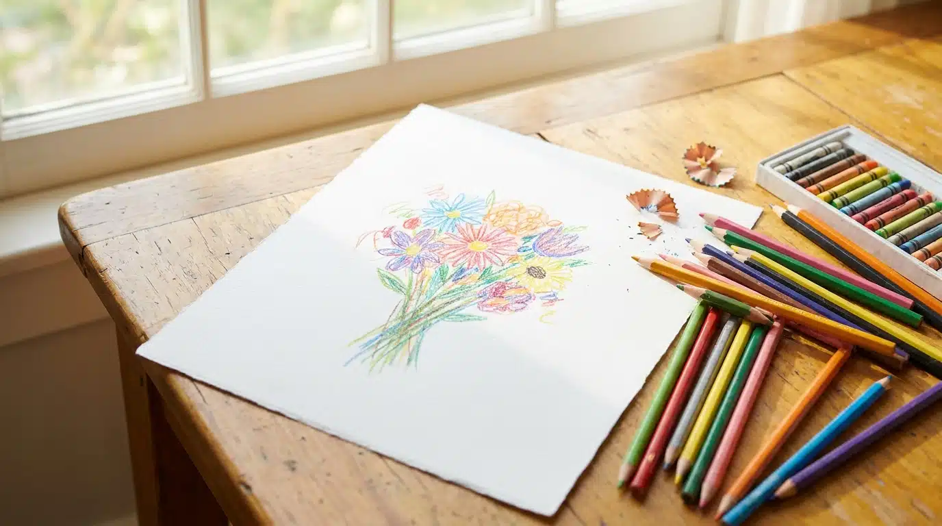 Dessin d'enfant représentant un bouquet de fleurs colorées posé sur une table en bois