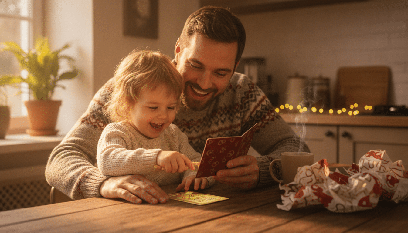 Père et enfant grattant un carnet de défis ensemble