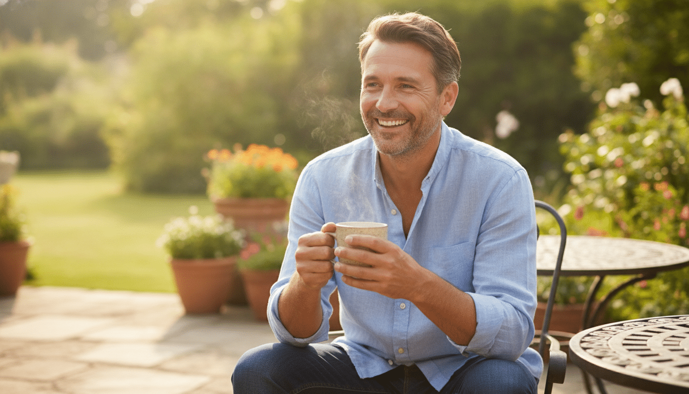 Papa souriant avec un mug sur une terrasse ensoleillée