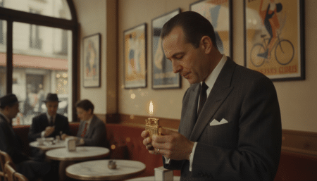 Homme allumant un briquet vintage Flaminaire années 1950