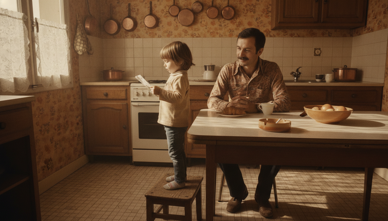 Enfant récitant un poème à son père dans les années 1970
