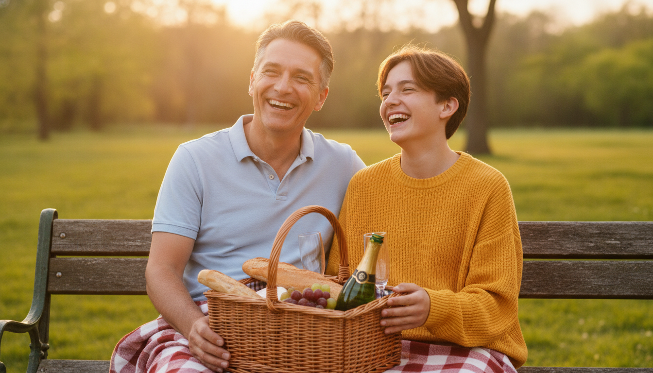 Père et enfant partageant un pique-nique au parc