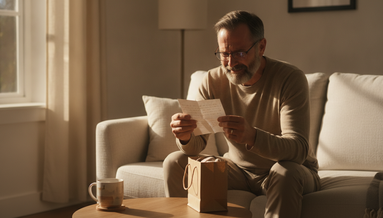 Papa ému lisant une lettre manuscrite pour la fête des pères