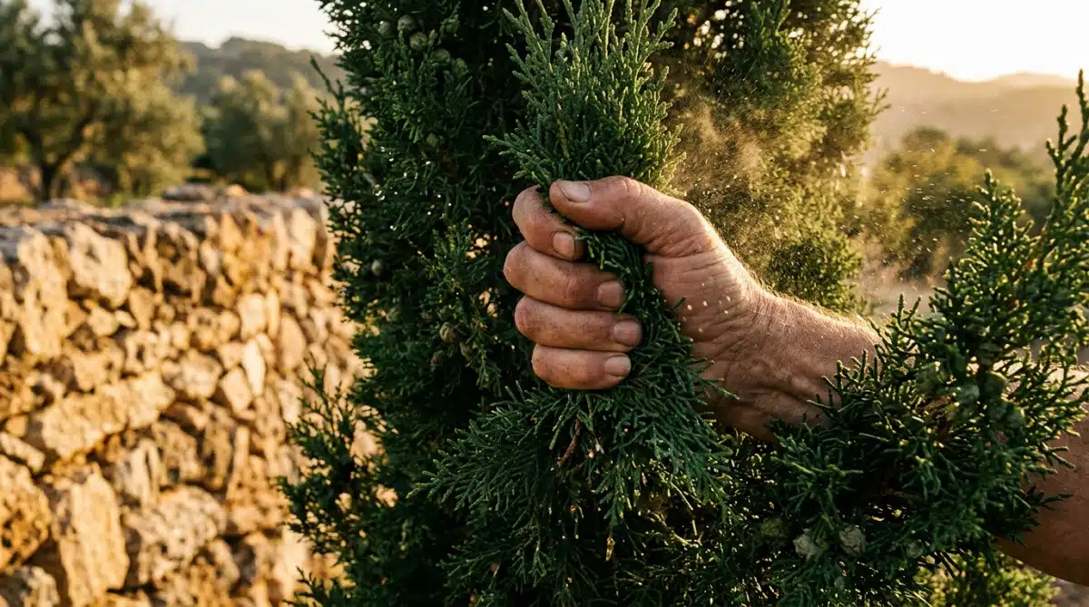 Feuilles de cyprès libérant leur résine odorante