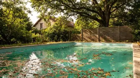 Piscine envahie de feuilles mortes sous des branches d'arbre