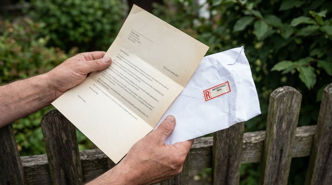 Mains tenant une lettre recommandée près d'une clôture de jardin