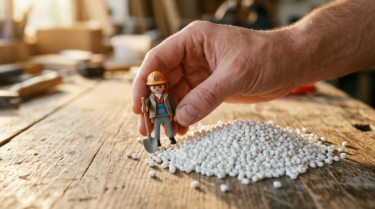 Figurine Playmobil comparée à des granulés de plastique brut