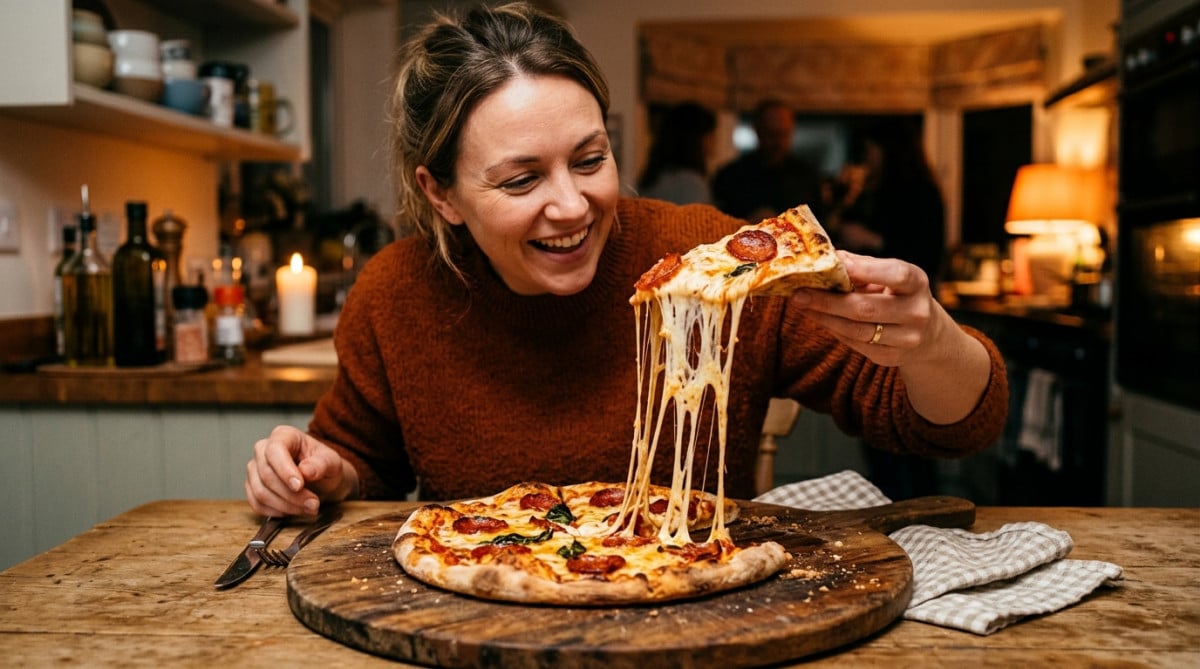 Fils de mozzarella fondante sur une part de pizza