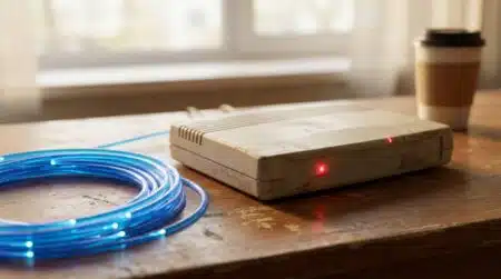 Ancien modem ADSL éteint à côté d'un câble fibre optique