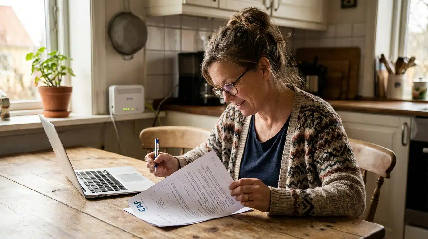 Femme remplissant un formulaire CAF devant un ordinateur portable