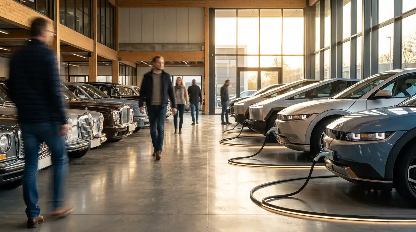 Showroom automobile partagé entre voitures thermiques et électriques