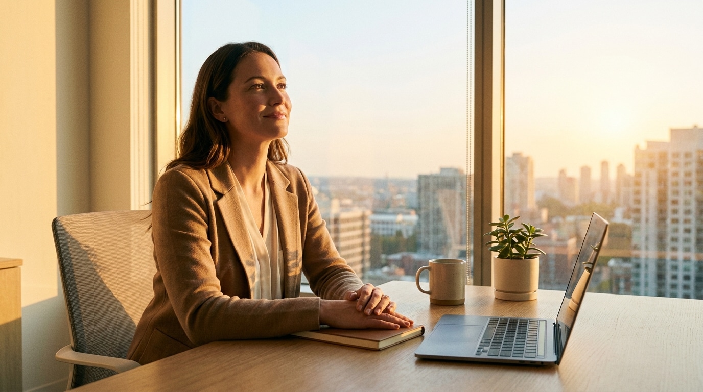 Femme souriante à son bureau baignée de lumière dorée