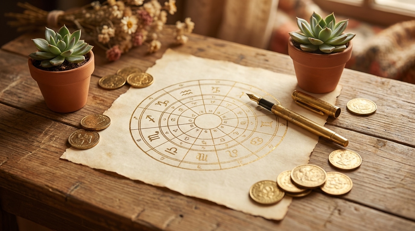 Carte astrologique entourée de pièces dorées et stylo