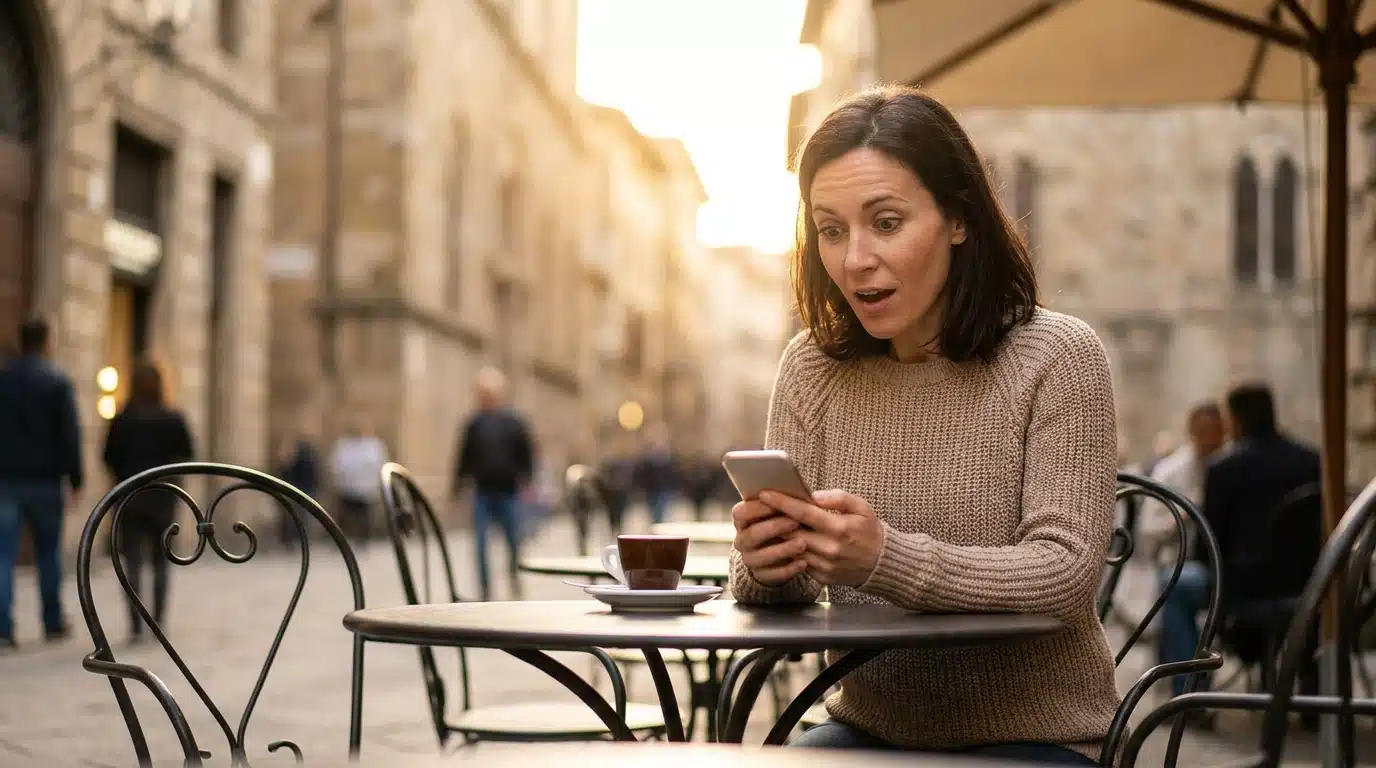 Femme surprise regardant son téléphone à une terrasse de café