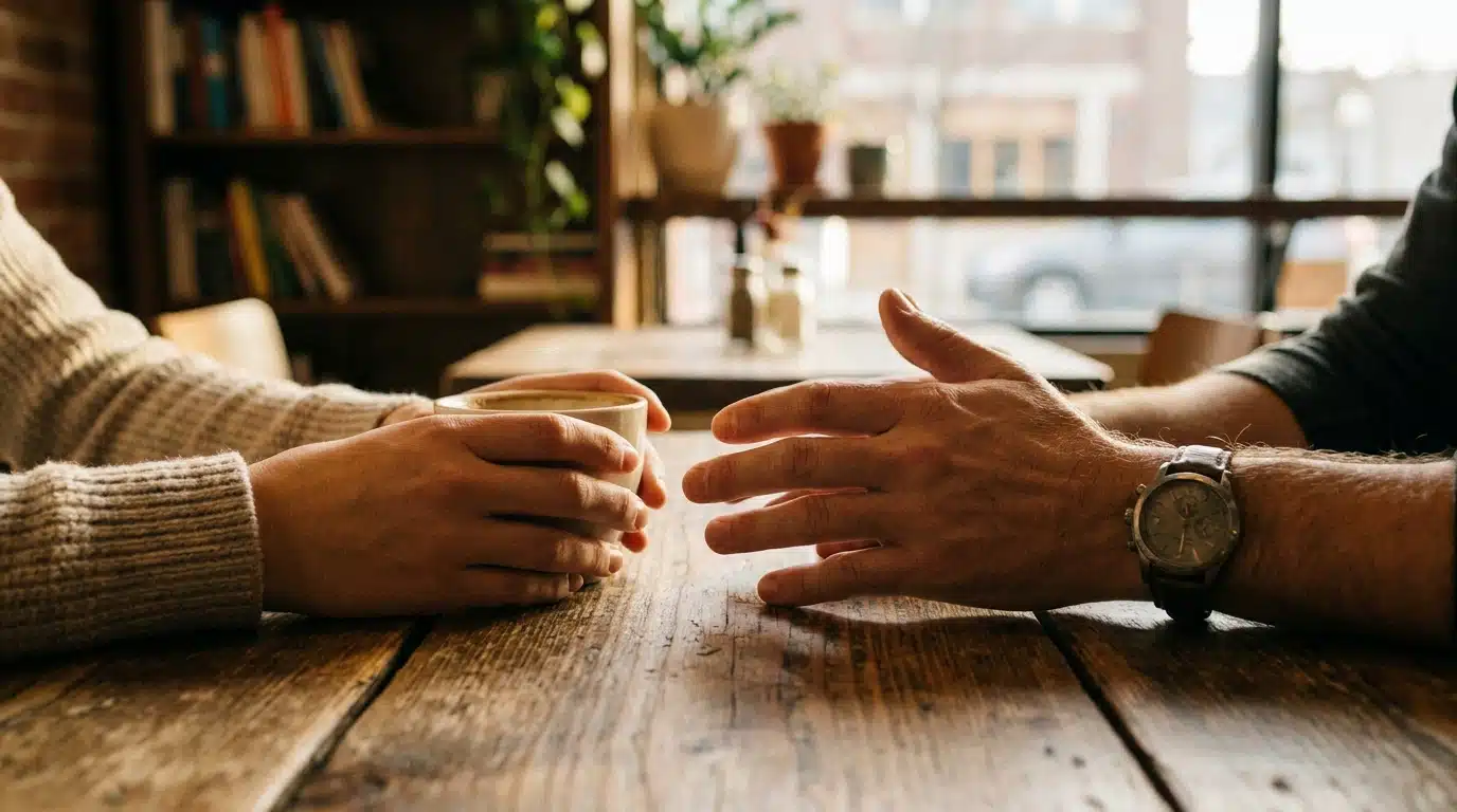 Deux mains se rejoignant au-dessus d'une table en bois